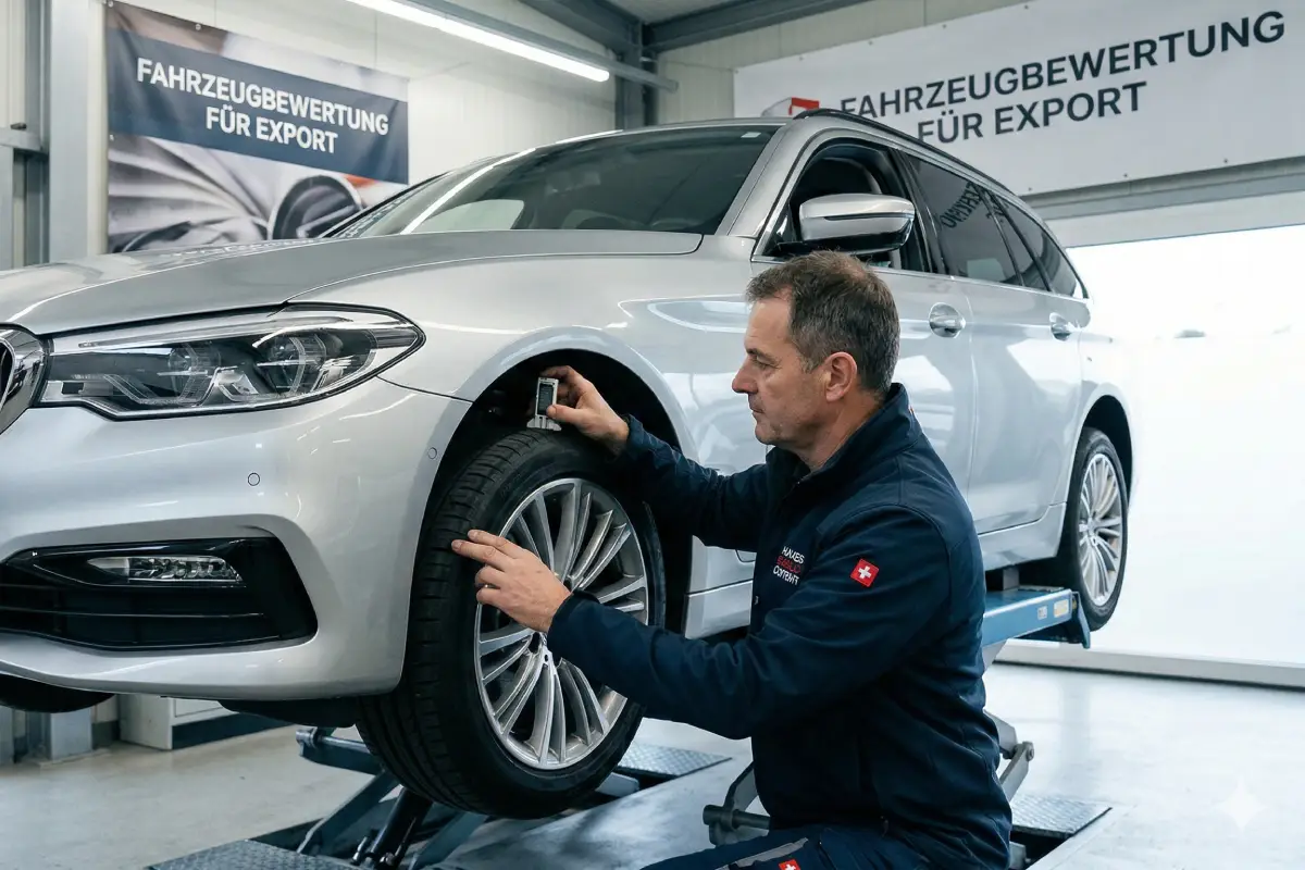Professionelle Fahrzeugbewertung für den Export Ein KFZ-Experte führt eine detaillierte technische Prüfung an einem silbernen BMW Touring in einer modernen Schweizer Werkstatt durch.