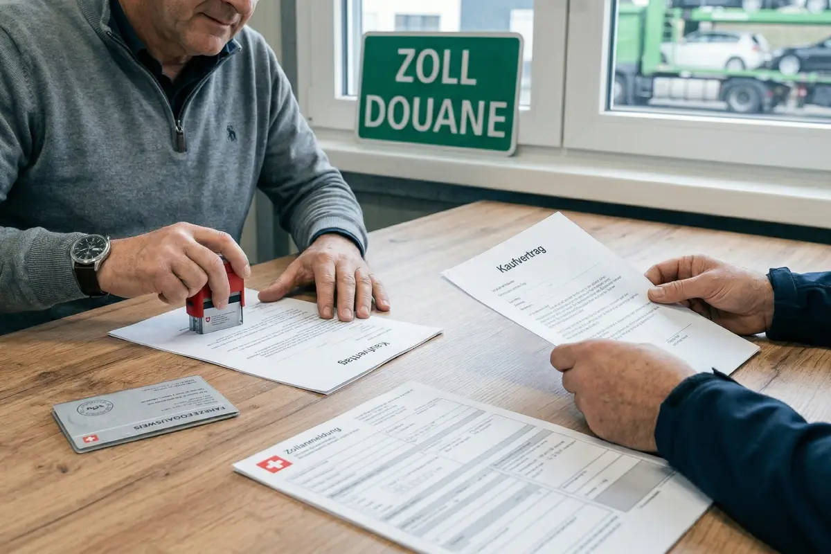 Kaufvertrag und Zolldokumente für den Autoexport Nahaufnahme eines Schreibtisches, auf dem ein Schweizer Verkäufer einen Kaufvertrag für den Autoexport stempelt, neben dem Fahrzeugausweis und Zollformularen.