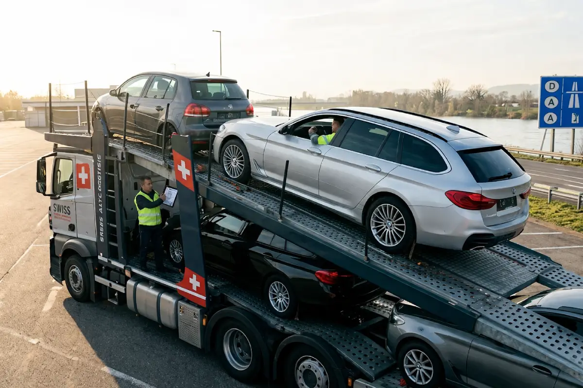 Verladung eines Schweizer Exportfahrzeugs auf den Transporter Ein professioneller Autotransporter der Firma 'SWISS AUTO LOGISTICS' wird am späten Nachmittag an einem Grenzübergang mit Exportfahrzeugen beladen.